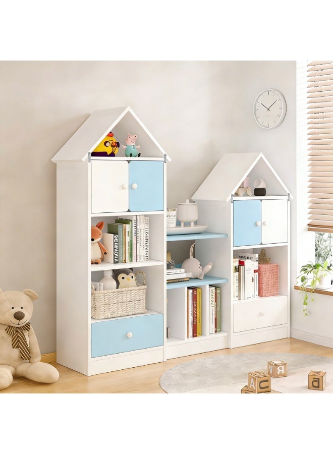 YY-Recheer Kids Bookshelf Storage Cabinet with Drawers, House-Shaped Bookcase with Dustproof Cabinet for Kids Bedroom Furniture - Image 1